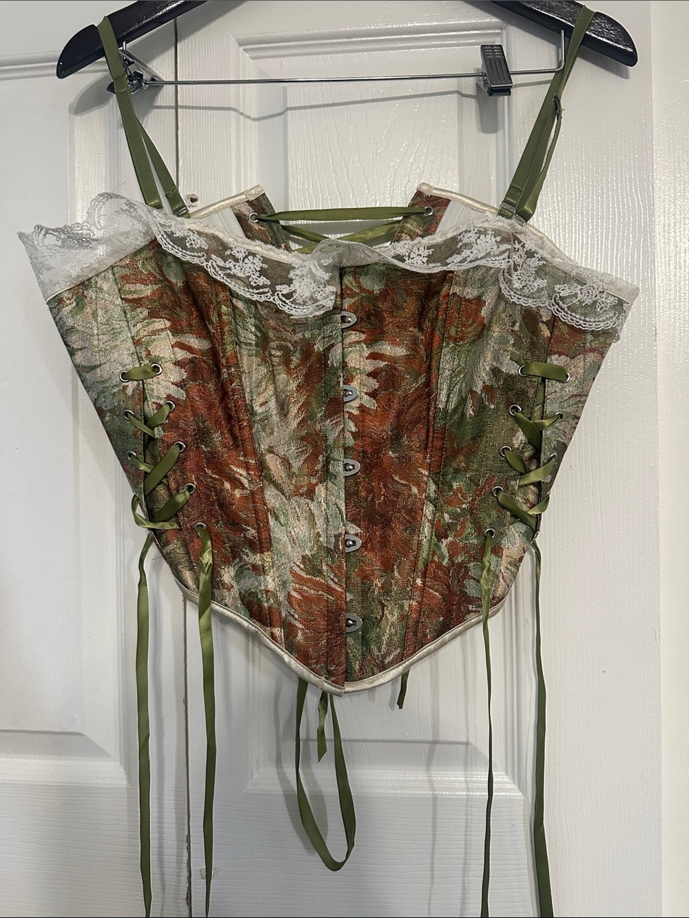 Floral Olive and Rust Lace-Trim Corset Top